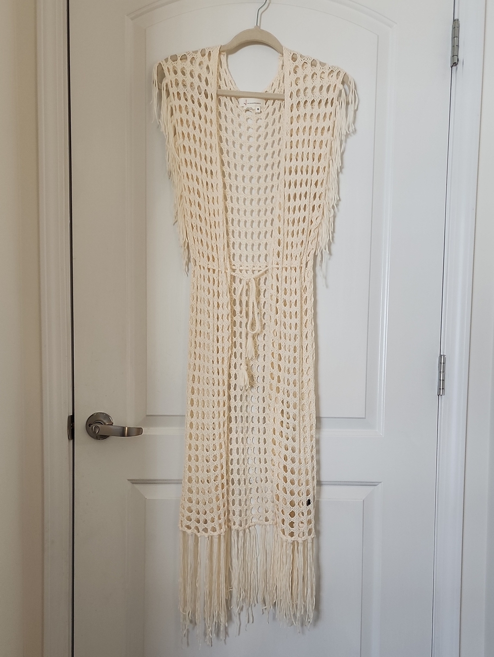 Anthropologie Crochet Fringe Open-Knit Kimono in Cream